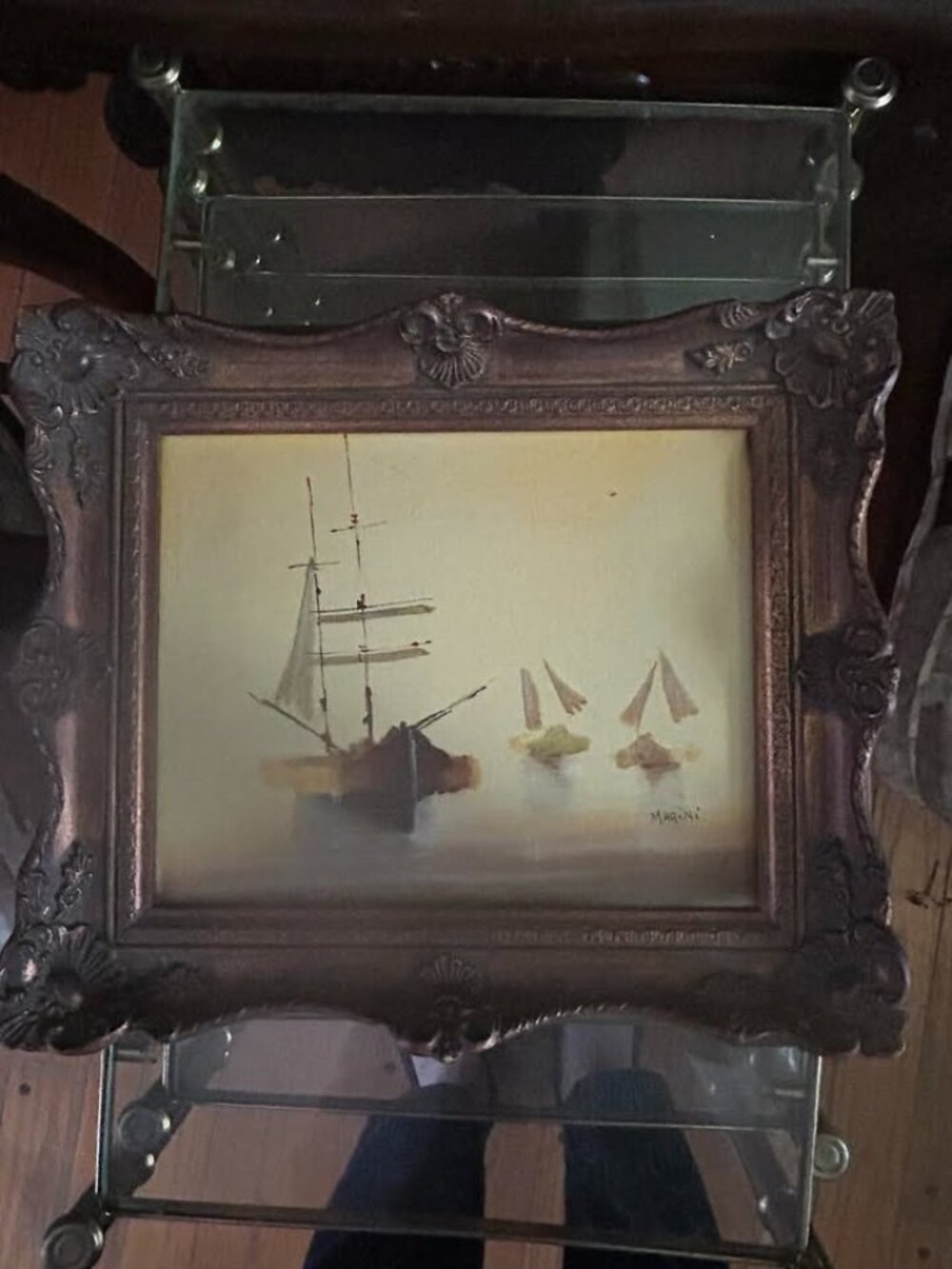 Wonderful Vintage Distressed Nautical Seascape Oil on Canvas